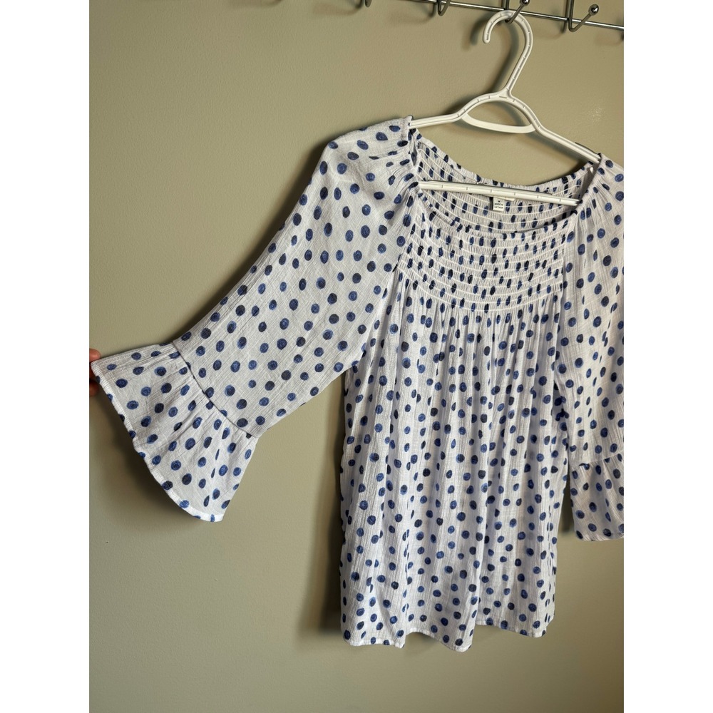 Counterparts Polka Dot Smocked Bell Sleeve Blouse M Boho Cottagecore Coastal